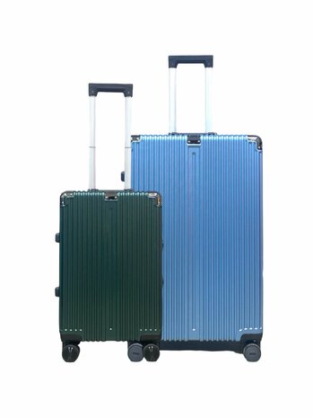 Set de valises rigides, PC ABS aluminium 2 pi&egrave;ces Grande valise + bagage &agrave; main vert fonc&eacute; + bleu clair