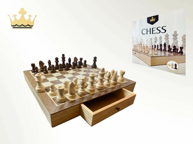 Chessboard - Wooden - 38x38cm - Drawer - 2 Extra Queens