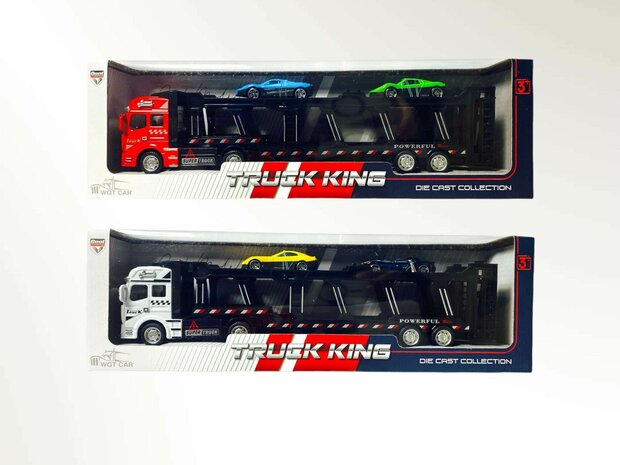 Vrachtwagen autotransporter&nbsp;+ 2 mini sportauto&#039;s 3in1 - pull-back drive Truck King