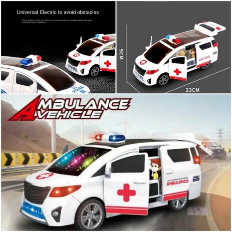 Ambulance jouet avec effets sonores et lumi&egrave;re LED et portes &agrave; commande automatique - peut se conduire toute seule - 23 cm