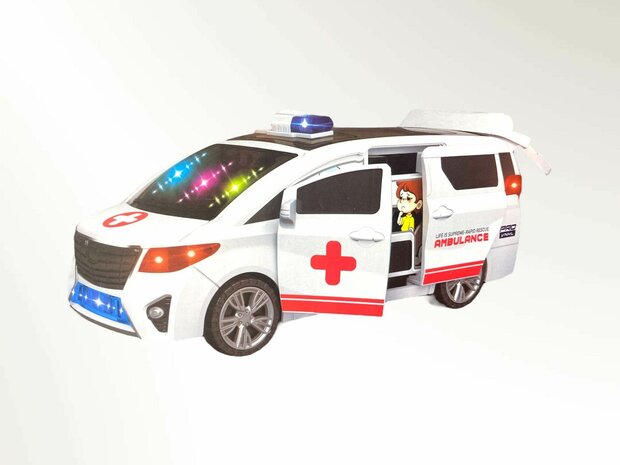 Ambulance jouet avec effets sonores et lumi&egrave;re LED et portes &agrave; commande automatique - peut se conduire toute seule - 23 cm