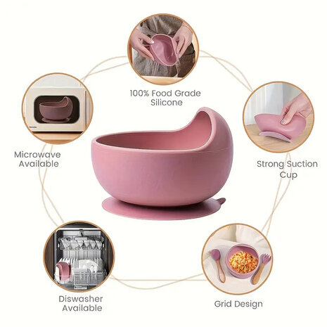 Siliconen baby servies set - 6 delig - donker roze