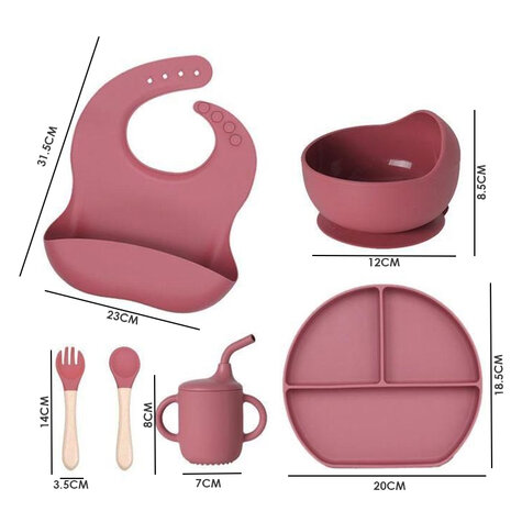 Silicone baby tableware set - 6 pieces - dark pink