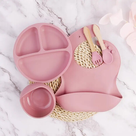 Silicone baby tableware set - 6 pieces - rose clair